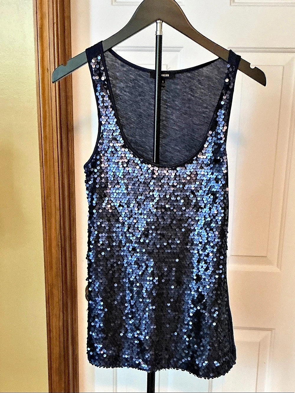 Express Sequin Tank Top in Black & Blue Like New